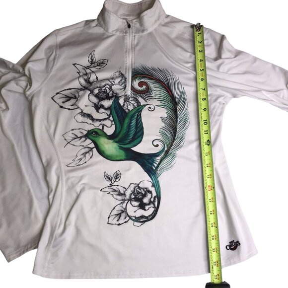 HOT CHILLYS White Half Zip Pullover White Hummingbird Bird Long Sleeve Women's L - Picture 7 of 9